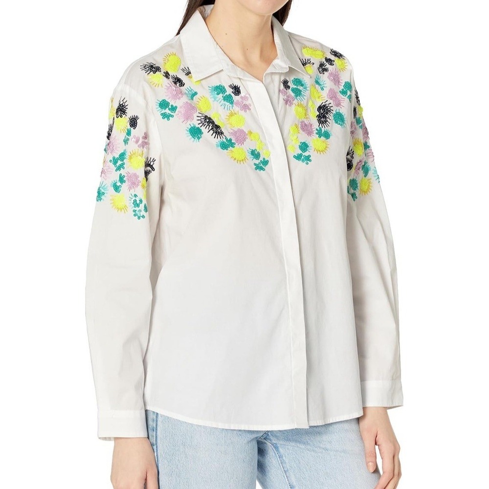 NWT NIC + ZOE Petals Women's Long Sleeve Blouse - White Multicolor - Size XL